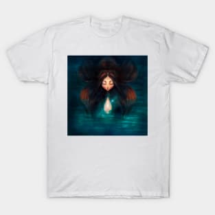 Manga Mermaid in Water Glowing Hands and Opal Headdress Faerie character design Little Mermaid’s Sisters T-Shirt